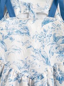 1-Piece Tween Girls Glamorous Vacation Jacquard Knot-Shoulder Cinched-Waist Lightweight Non-Fleece Summer Dress - Blue and White - View 4