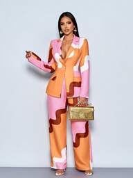 SOLERSUN ชุดสูทเสื้อเบลเซอร์ติดกระดุมด้านหน้าพิมพ์ลายเรขาคณิตปกสง่าสำหรับสตรีและกางเกงขายาวทรงบาน, เสื้อผ้าทำงานสำหรับสตรี, ชุดใส่ทำงานสำนักงาน, ชุดออกไปข้างนอก (ลายดอกไม้แบบสุ่ม)