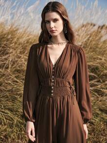Florisole 女士秋冬波西米亚风优雅雪纺连衣裙，收腰设计，高品质 - 棕色 - 查看 10