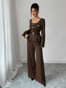 SHEIN Elenzya Set nou de 2 piese din tweed gros cu fir argintiu, toamnă/iarnă, design elegant romantic francez pentru doamne, guler despicat, talie, tiv cu volane, mânecă lungă, cardigan + pantaloni cu talie înaltă și picior drept, potrivit pentru Ziua Independenței - Maro - Vizualizare 3