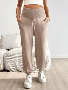 SHEIN Pregnant Women's Casual Drawstring Pocket Tie Waist Pants Summer Knit Pants Comfy Pants   Summer   Summer Clothes Two Piece Set Women Comfy Bathing Suit Cover Up Pants