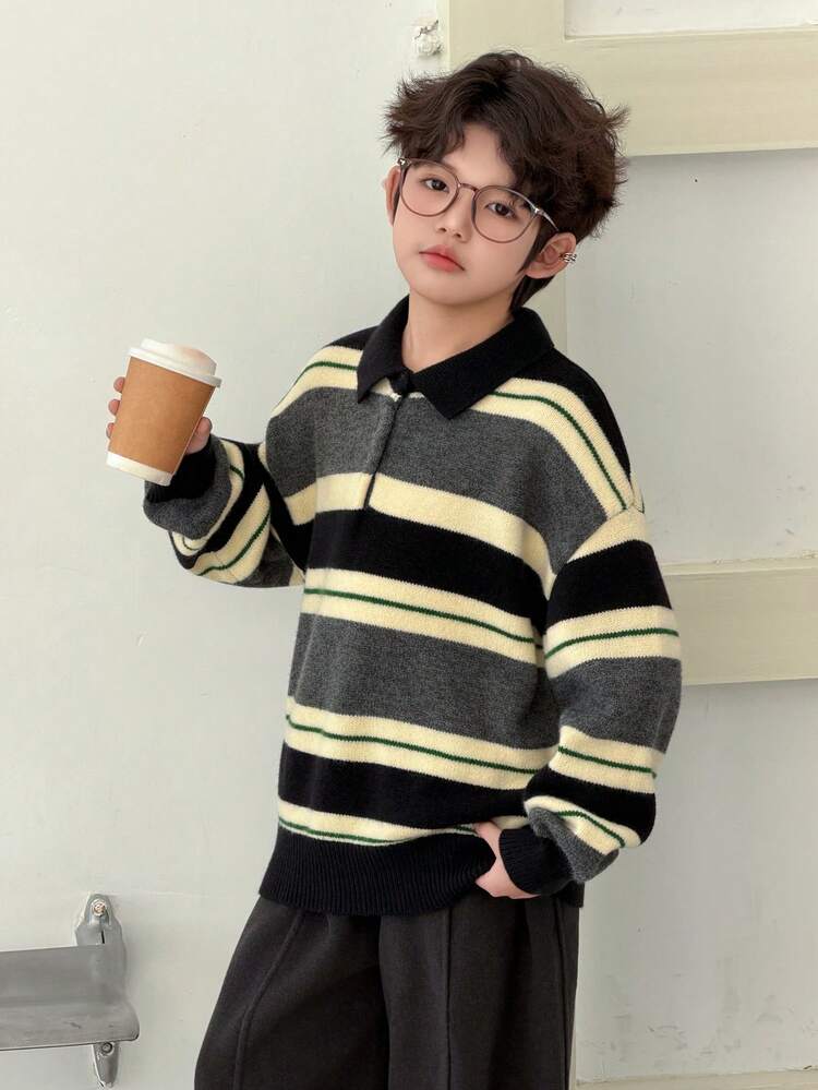 Tween Boy Striped Pattern Button Casual Versatile Long Sleeve Pullover Sweater