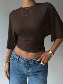 SHEIN PETITE CURVE Plus Size Women Solid Color Pleated Fashionable Versatile Mid-Sleeve T-Shirt