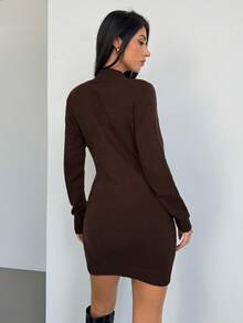 Aloruh Váy ôm sát cơ thể màu nâu cổ chữ V gợi cảm mới cho nữ mùa thu/đông, phù hợp cho những buổi đi chơi thường ngày - màu nâu - Xem 2