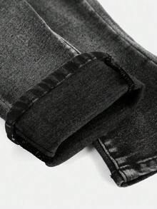 SHEIN Baby Girls' Blue Denim Thermal Lined Elastic Skinny Flare Pants - Black - View 6