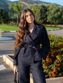 Hitanina Women's Lapel Jacket And Loose Fit Jeans Set - Blue - View 4