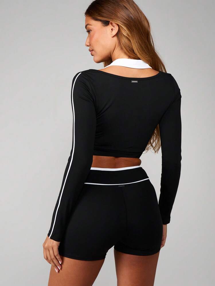 Missguided x Playboy Long Sleeve Crop Top And High Waisted Shorts Set With Side Stripe Details And Logo Print