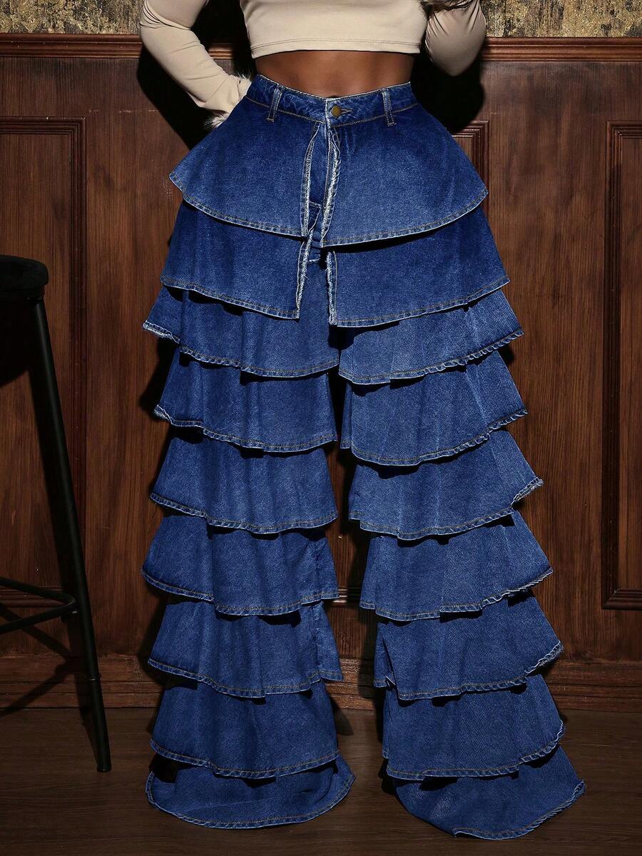 Slaydiva Quần jeans ống rộng cạp cao nhún bèo thời trang cho nữ - Rửa tối - Xem 1