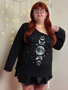 Enliva Abidrinkell Plus Size Women Moon & Star Print Sleeveless Camisole Long Sleeve T-Shirt, Spring And Autumn And Winter, For Apple Rounded Body Shape - Black - View 8