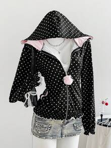 Comfortcana Women's Polka Dot Fuzzy Ball Decor Zipper Sweatshirt, Versatile For Daily Commute, Autumn/Winter - Black - View 1