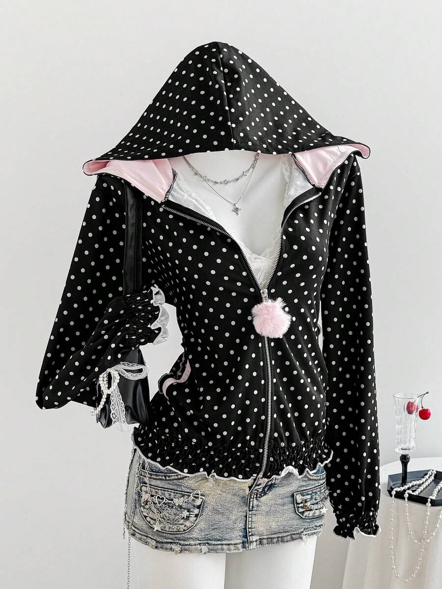 Comfortcana Women's Polka Dot Fuzzy Ball Decor Zipper Sweatshirt, Versatile For Daily Commute, Autumn/Winter - Black - View 1