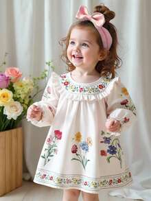 Babygirl Casual Cute Floral Pattern Ruffle Hem Long Sleeve Dress - Beige - View 9