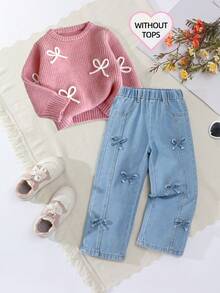 Elladie kids 年轻女孩做旧复古时尚个性化前片开衩漂白牛仔阔腿裤，配3D蝴蝶结，四季皆宜的蓝色休闲裤 - 淺藍色 - 查看 7