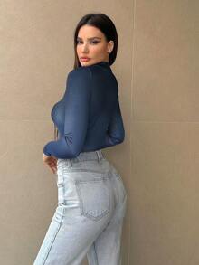 SHEIN Essnce Body de manga larga con cuello Mao y efecto degradado para mujer - Azul Marino - Ver 2