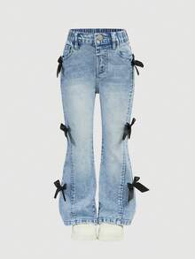 Girl's Light Blue Flared Jeans,Back-To-School Summer Y2K Style Flare Jeans With Side Bow Design,Elastic Waist,Soft Denim Fabric For Casual,Street OOTD - Medium Wash - View 1