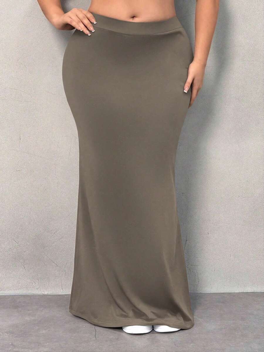 SHEIN SXY Váy chữ A lưng thun màu trơn cỡ lớn cho nữ, thường ngày, thu/đông - Màu nâu Sô-cô-la - Xem 1