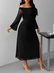 Hourglow Plus Size Women's Elegant Sexy Solid Color Off Shoulder Flare Sleeve High Slit Fitted Dress, Spring/Autumn/Autumn /Winter - Lime Green - View 4