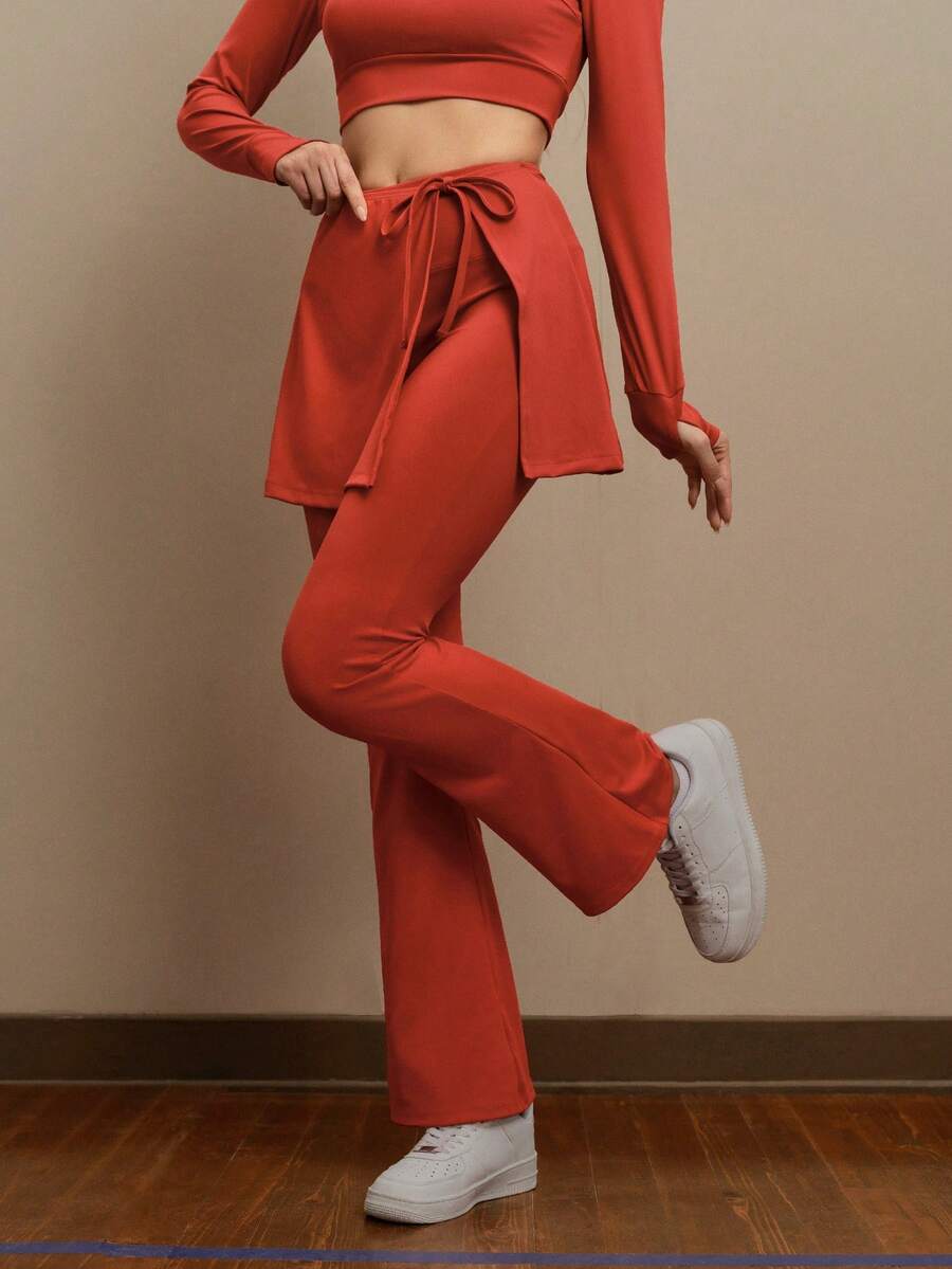 SHEIN Cheerettes Women's Flared Pants With Skirt Overlay, Sports Trousers - Red - View 1