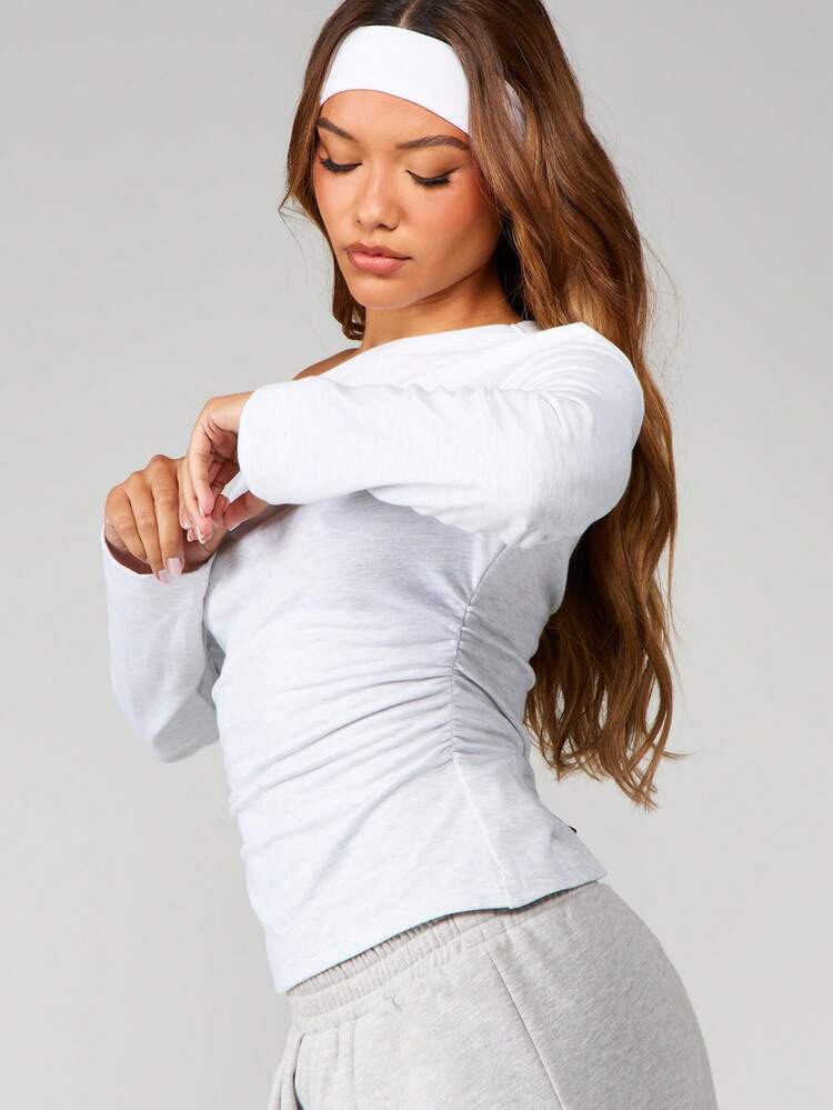 MISSGUIDED Off The Shoulder Cinched Waist Long Sleeve Top Fall Winter Comfort Fit White