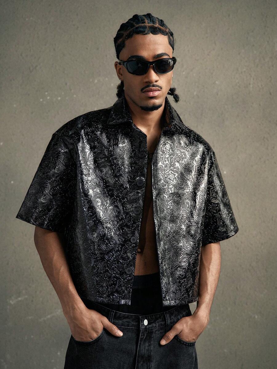 AXEPEAK 男士休闲提花前扣短袖衬衫，夏季款 - 黑色 - 查看 1