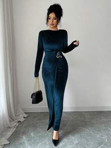 Rafferiza 优雅休闲丝绒连衣裙，腰部褶皱设计，饰有装饰纽扣，酒红色长袖连衣裙，适合约会、日常穿着和派对场合，女士，秋冬季 - 湖藍色 - 查看 6