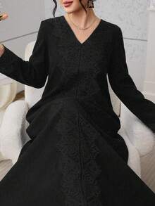 Al Najma Vestido casual de estilo árabe con adorno de encaje en color verde oliva para mujeres - Negro - Ver 5