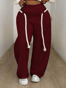 Maweii Quần nỉ cạp rút màu trơn cỡ lớn thường ngày - Đỏ - Xem 1