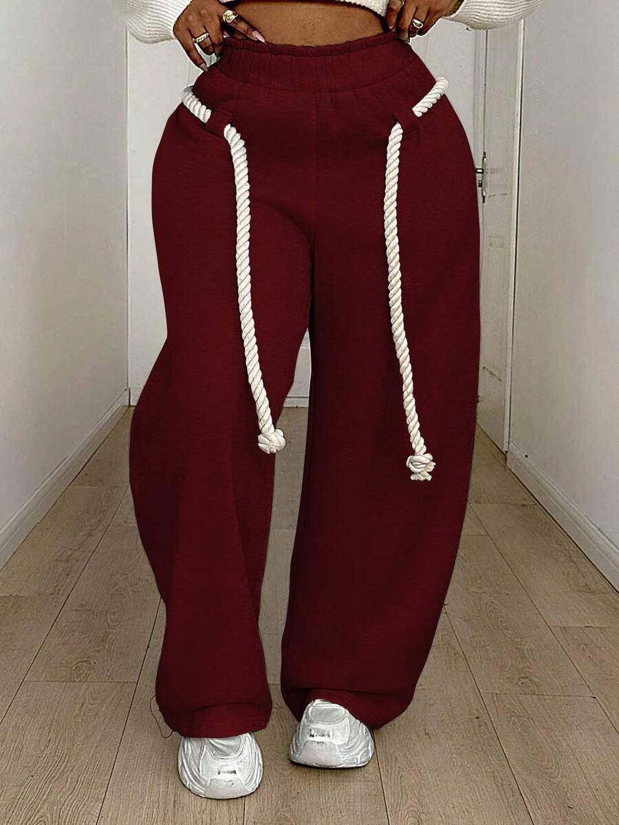 Maweii Quần nỉ cạp rút màu trơn cỡ lớn thường ngày - Đỏ - Xem 1