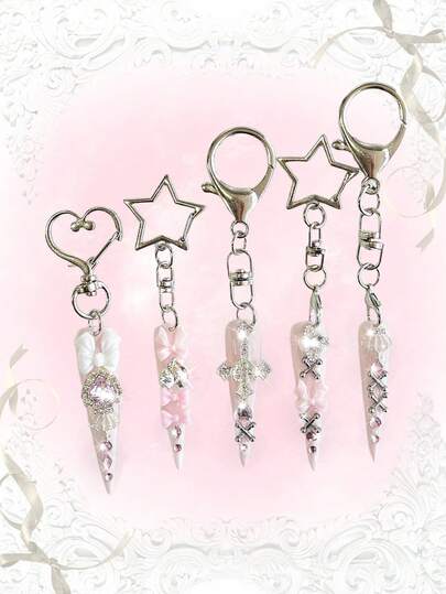 Anime 3pcs Cute Cat Ear, Heart, Star Shaped Keychains; Y2K Lolita Acrylic Black & Red Contrast Bag Charms; Original Design Star, Cross, Bow Backpack Clips, Versatile High-End Accessories