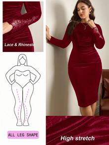 Chikora 大码女式水钻装饰褶皱修身优雅派对长袖连衣裙 - 酒紅色 - 查看 1