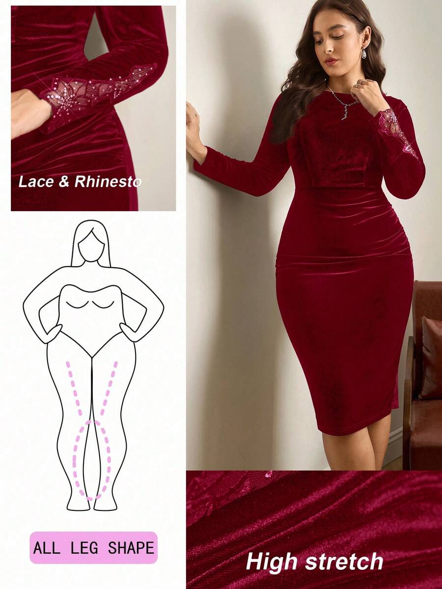 Chikora 大码女式水钻装饰褶皱修身优雅派对长袖连衣裙 - 酒紅色 - 查看 1