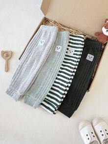 SHEIN 4pcs Baby Boys' Casual Daily Elastic Waist Fleece Uneven Ribbed Striped Dark Green Green Gray Embroidered Smiling Face Embroidered Patch Pants, Comfortable For Outings Or Home, Suitable For Spring/Autumn - Multicolor - View 10