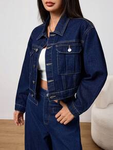 SHEIN PETITE 女士休闲水洗短款牛仔外套，秋冬季舒适休闲百搭通勤水洗牛仔外套