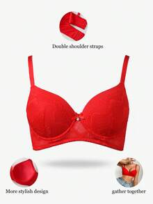 DesireSculpt 1pc Sexy Lace Simple Gather Push Up Wireless Bra For Small Bust Women - Red - View 6
