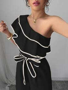 Elenzga Women's Apricot Asymmetric Shoulder Ruffle Cinched Waist Straight Jumpsuit - Black - View 4