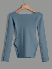 SHEIN Cottnline 女士纯色心形领长袖休闲套头毛衣 - 灰色 - 查看 2