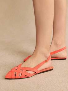 Rosivie 棕色编织时尚百搭女士平底凉鞋 - 橘色 - 查看 4