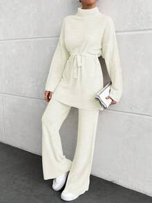 EURMUSE Ladies' Simple Daily Wear High Neck Belted Knitted Two-Piece Set (Solid Color) - Beige - View 3