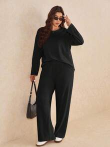 Elaquor Plus Size Casual Solid Color Long Sleeve Top And Pants 2 Pieces Set, Autumn - Black - View 5