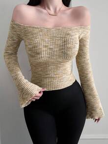 DAZY Spring New Sheer Mesh Off-Shoulder Special Fabric Women T-Shirt - Khaki - View 3