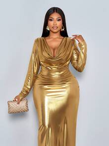 SOLERSUN 大码女式优雅纯色金色亮面面料深V领褶皱长袖紧身性感长裙，时尚小众设计气质轻奢连衣裙，美丽大方简约时尚长裙，适合派对、音乐节、婚礼季、伴娘礼服、节日礼服，春、夏、秋、冬皆可穿着。 - 金色 - 查看 1