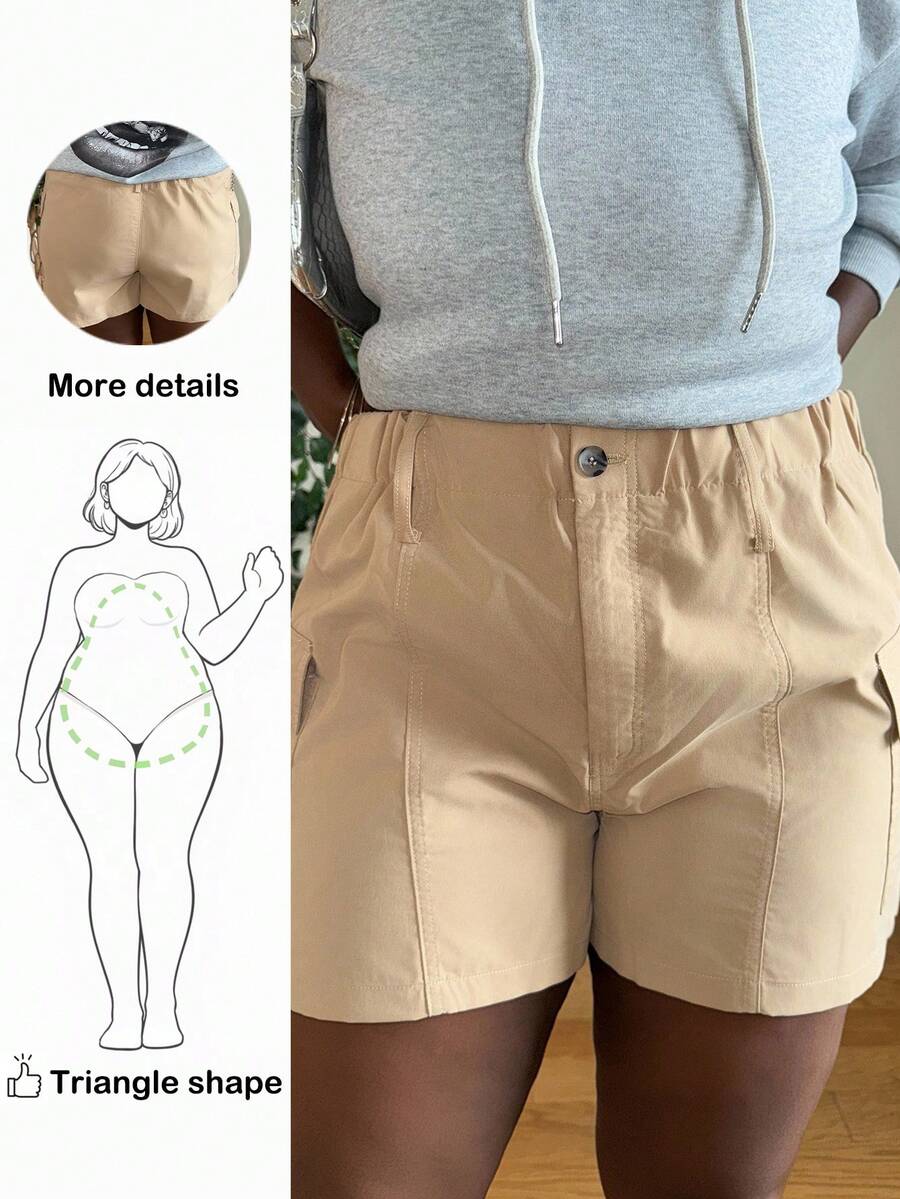 Truni Theloveshegives Plus Size Women's Solid Color Simple Daily Shorts, For Pear Triangle Body Shape, For Body Shape, For Summer - Khaki - View 1