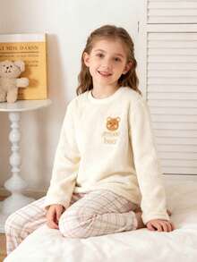 Girls Cute Bear Plaid Flannel Cozy Pajama Set - Apricot - View 1