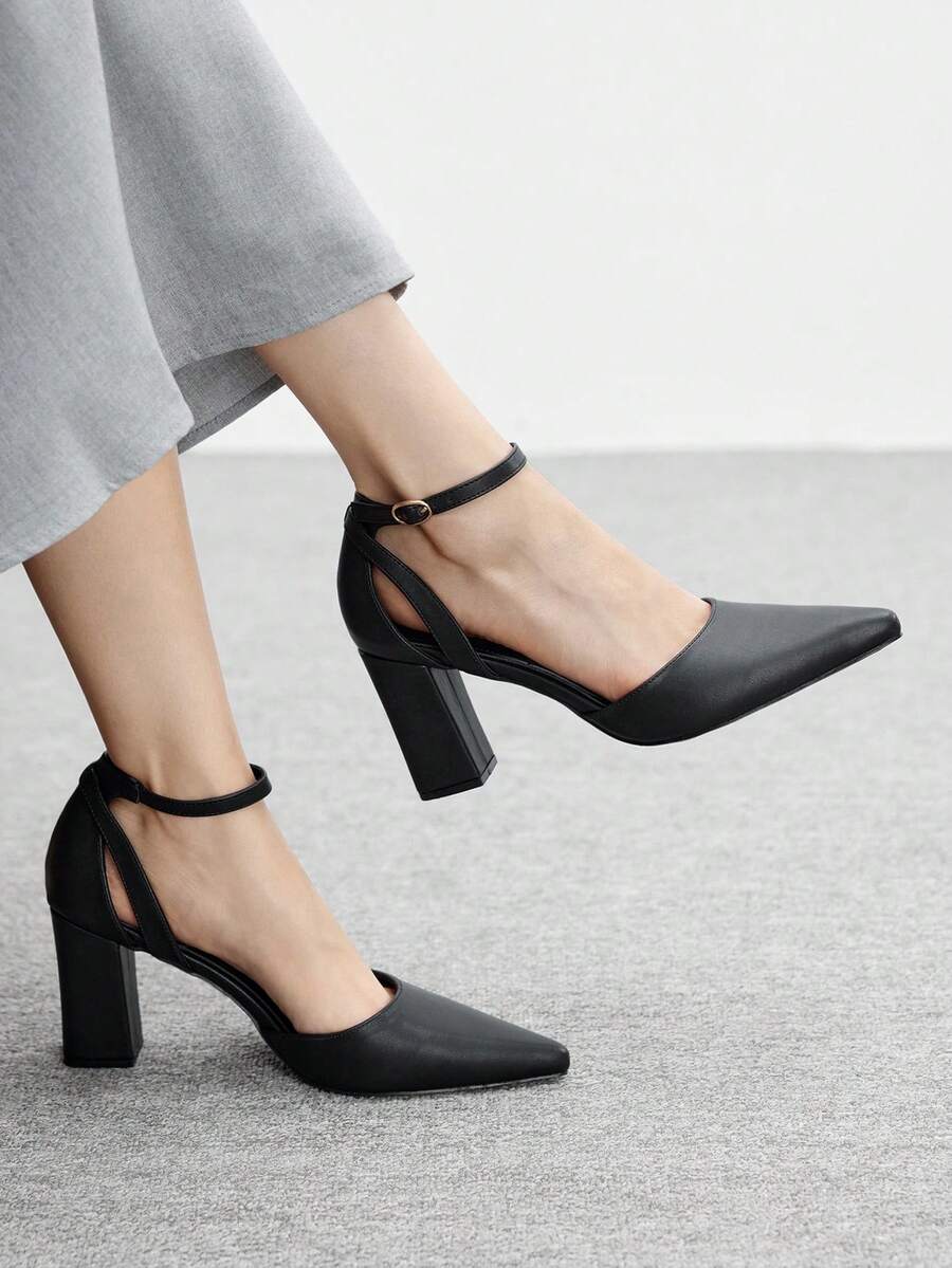 CUCCOO BIZCHIC 女士尖头搭扣设计时尚高跟鞋，适合日常穿着 - 黑色 - 查看 1