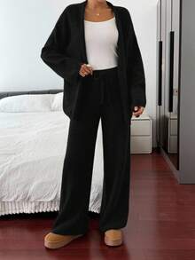 Livesso 女士宽松商务休闲针织开衫和直筒裤套装，优雅的秋冬办公室着装 - 黑色 - 查看 2