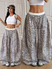 SHEIN EZwear Leopard Women's Casual Loose Fit Leopard Print Wide Leg Pants Cheetah Pants Cheetah Print Bottoms Leopard Pants Loose Pants - Grey - View 1