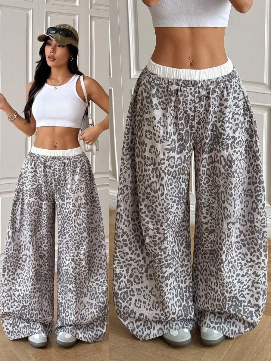 SHEIN EZwear Leopard Women's Casual Loose Fit Leopard Print Wide Leg Pants Cheetah Pants Cheetah Print Bottoms Leopard Pants Loose Pants - Grey - View 1