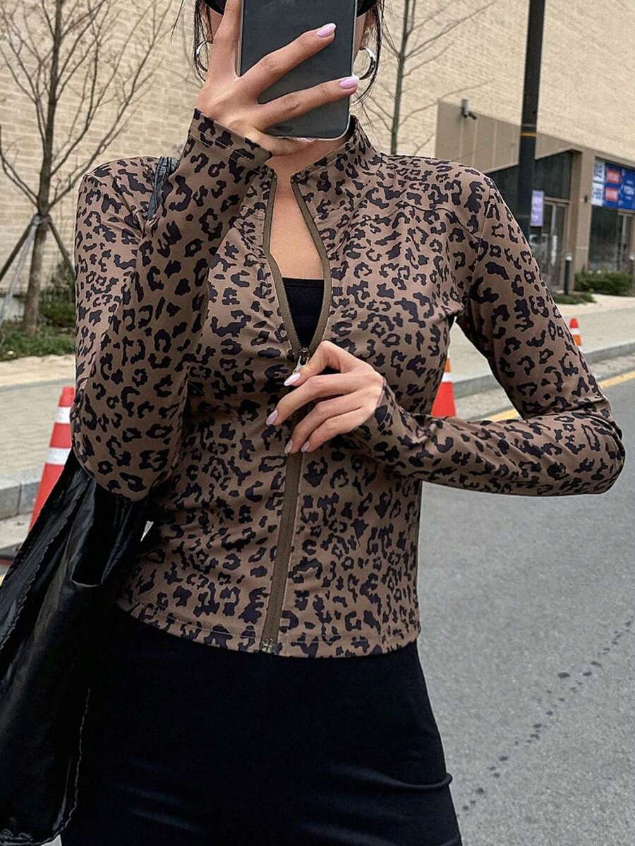 DAZY Women Fashionable Slim Fit Stand Collar Leopard Print Jacket With Zipper,Fall Clothes - Brown - View 1