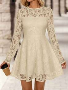 EMERY ROSE Váy ngắn ren trơn màu thanh lịch dành cho nữ khi đi làm - Màu be - Xem 4