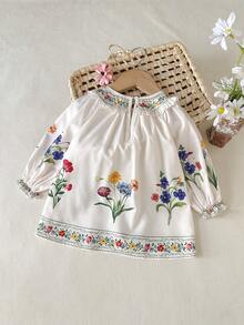 Babygirl Casual Cute Floral Pattern Ruffle Hem Long Sleeve Dress - Beige - View 3